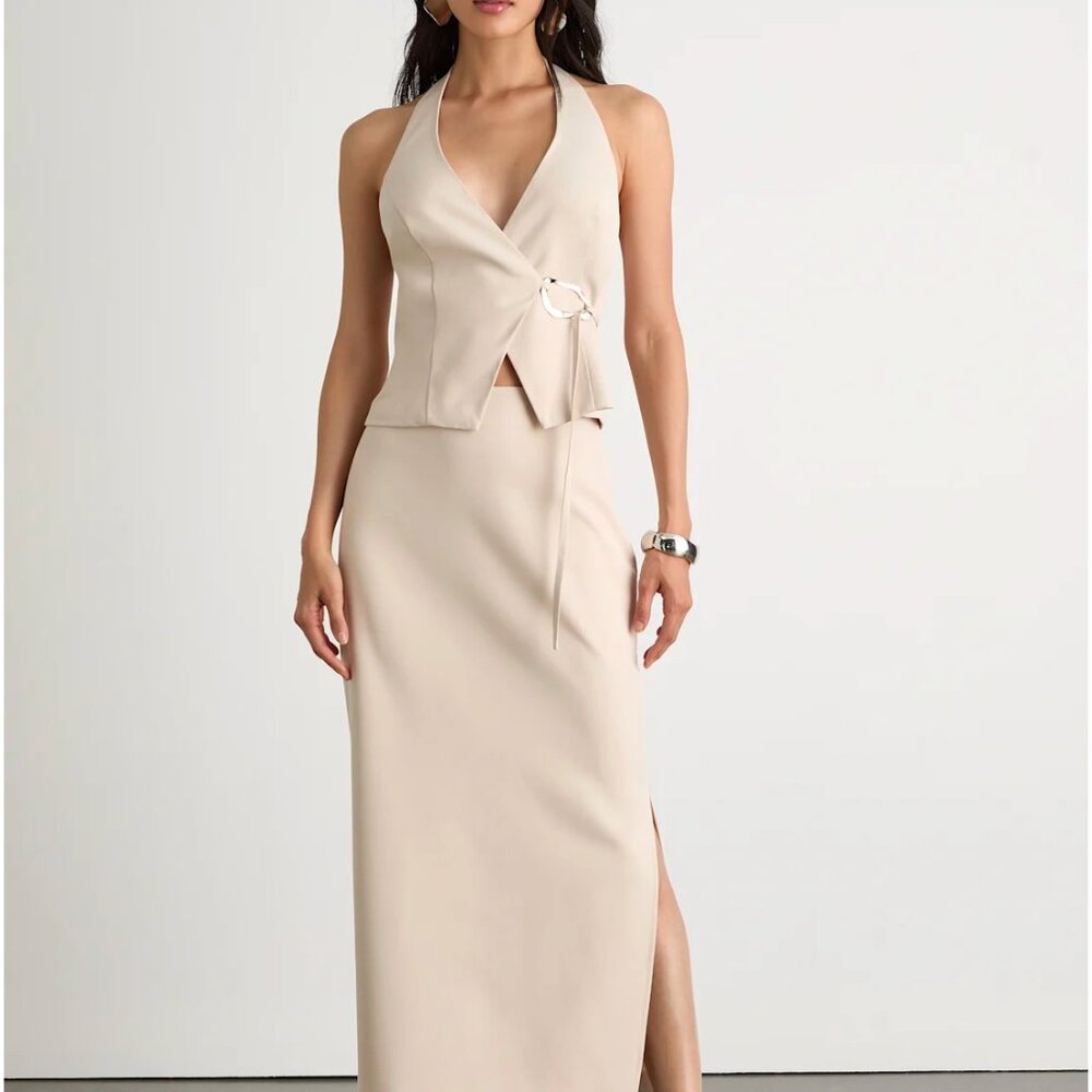 BRAND NEW- Virginia Beige Halter Belted Vest Top + Skirt- MEDIUM